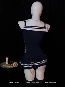Dansine Sailor Collar Big Bow Side Tie Ruffle Romper Sexy Uniform - Royal Blue - View 2