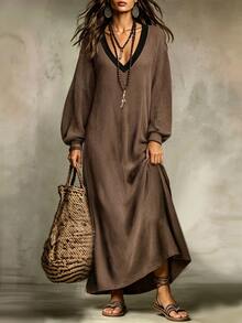 LUMIGAL Women's Vintage Striped Colorblock Knit Dress, Autumn/Winter - Coffee - View 5