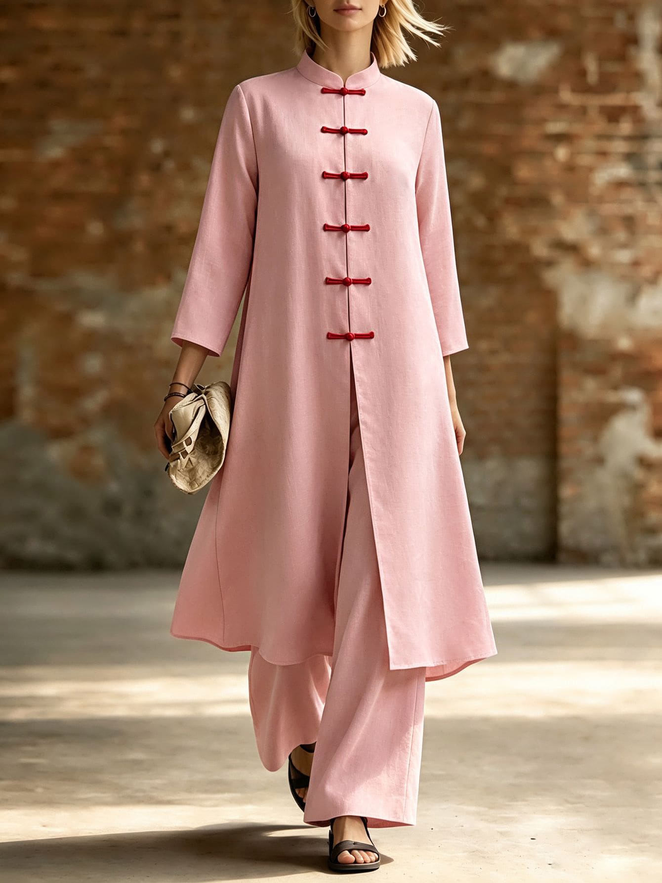 EMERY ROSE Casual Elegant Chinese Style Frog Button Stand Collar Long Sleeve Loose Long Solid Color Shirt + Elastic Waist Loose Long Pants, Suitable For Daily Casual, Outings, Vacation And More - Pink - View 1