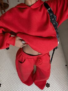 Muchica 女款秋冬保暖內裡連帽衛衣與彎腿褲寬鬆套裝 - 紅色 - 查看 3