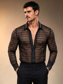 ZURIURI Men's Sheer Mesh Fashion Long Sleeve Shirt - Black - View 4