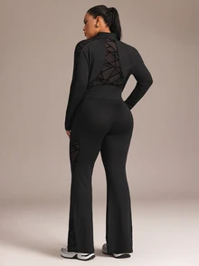 Rhythm Era Women's Plus Size Sports Tight Lifting Set, Sports Jacket With Mesh Patchwork Geometric Pattern And Yoga Pants, Suitable For Sports, Daily Wear, Yoga, Running - Black - View 2