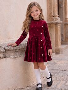 Young Girl Autumn Winter Elegant Burgundy Velvet Butterfly Print Pearl Button Flare Dress,Christmas Party Dress,Robe Automne Hiver - Burgundy - View 8