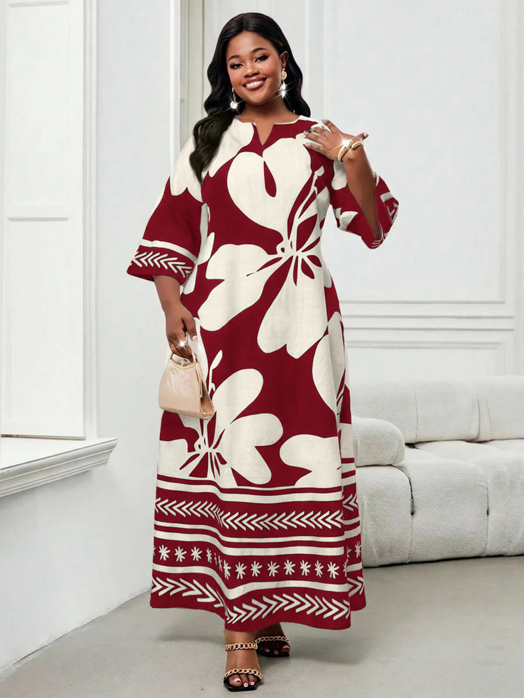 SHEIN Lady Gaun Jubah Ukuran Besar Berkerah V Berlekuk Hitam Tenun Lengan Longgar Motif Kontras Hitam Putih Klasik untuk Musim Semi, Musim Panas, Musim Gugur, dan Musim Dingin - Burgundy - View 3
