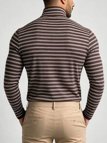 TONEVAULT Men's Casual Striped Slim Fit Long Sleeve Turtleneck T-Shirt - Coffee Brown - View 7
