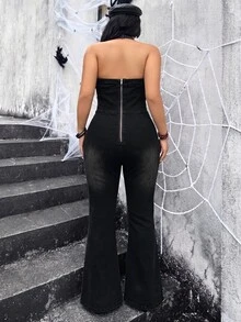 Jeanoix Plus Size Women Y2K Napoleon Style Double-Breasted Double Pocket Fashion Tube Top Denim Jumpsuit With Flared Legs - Grey - View 2