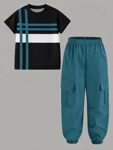 SHEIN 男童 2 件套套裝：條紋馬匹印花 T 恤與工裝長褲，黑棕對比色，圓領短袖 - 彩色 - 查看 2
