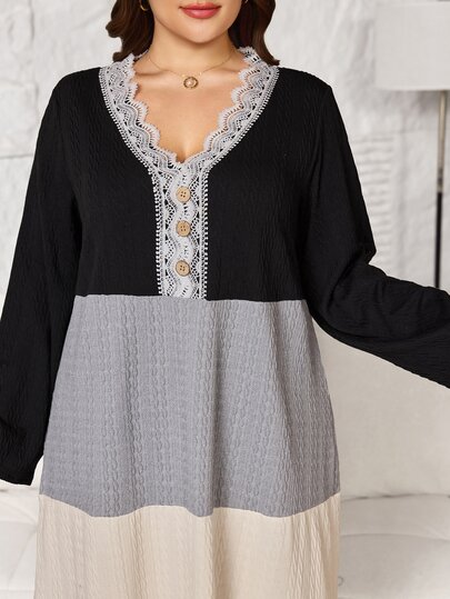 Lacomfia Plus Size Women's Long Loose Home Dress, Textured 3D Voluminous Skirt, V-Neck, Water-Soluble Lace, Wooden Button Decor Long Sleeve Autumn/Winter Dress