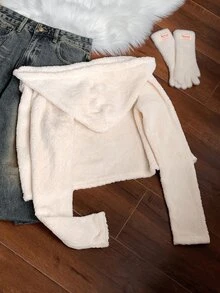 SHEIN EZwear جاكيت نسائي مبطن بالصوف مع بطانية رأس وسحاب - لون مشمشي - مشاهدة 2
