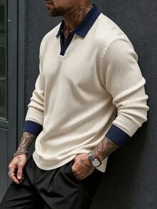 TONEVAULT Men's Casual Colorblock V-Neck Long Sleeve Polo Shirt - Apricot - View 7