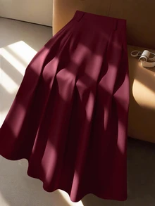 GlowEve CURVE 女款大尺碼高級 A 字高腰通勤裙 - 酒紅色 - 查看 3