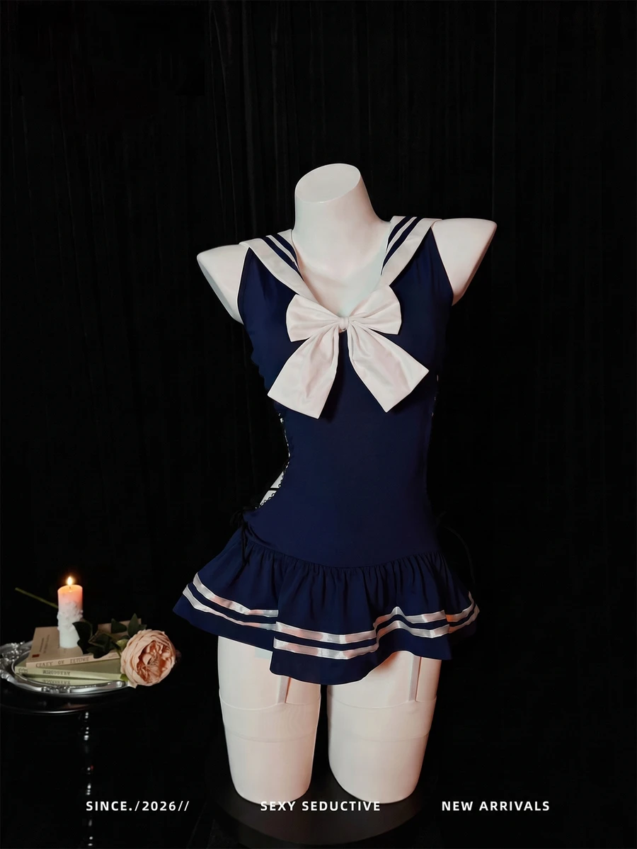 Dansine Sailor Collar Big Bow Side Tie Ruffle Romper Sexy Uniform - Royal Blue - View 1