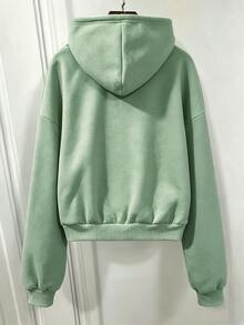 SHEIN 青少年女孩灰色拉鍊前開肩落肩長袖寬鬆休閒可愛連帽衛衣外套，保暖內裡，基礎款，秋冬返校 Y2K 風格 - 薄荷綠 - 查看 2