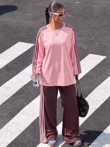 Muchica 女款休閒舒適粉色與棕色拼接織帶圓領長袖上衣搭配棕色長褲與粉色織帶細節，2件套，秋冬常規款 - 粉色 - 查看 5
