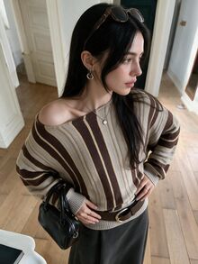 Sweetra Vintage Maillard Striped Off-Shoulder Lazy Women's Sweater - Multicolor - View 6