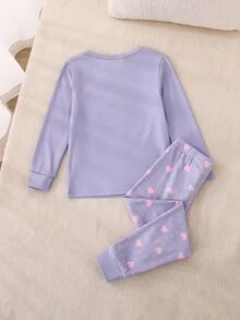 SHEIN | PAW Patrol 聯名IP主題可愛少女彩虹印花上衣與滿版愛心波點長褲2件套，高彈力面料長袖長褲家居服套裝 - 紫色 - 查看 2