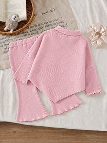 SHEIN Vintaside Kids 2件組幼女毛衣喇叭褲套裝，甜美可愛粉色網紗蝴蝶結荷葉邊長袖小立領加厚款，秋季假日派對公主芭蕾舒適羅紋針織 - 粉色 - 查看 2