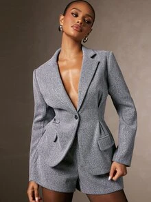 Hauture Women's Elegant Cinched Waist Casual Blazer, Textured Slim Fit, Autumn Office Chic Outerwear, Stylish Wear, Happy Hour, Holiday Party - Grey - View 6