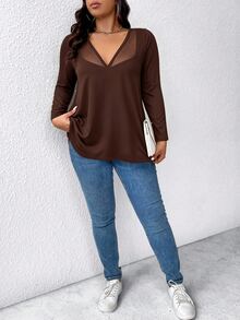 EMERY ROSE Women's Elegant Sexy Slimming Fitted Casual Minimalist Commute Versatile Mesh Patchwork V-Neck Design Long Sleeve T-Shirt - Brown - View 4