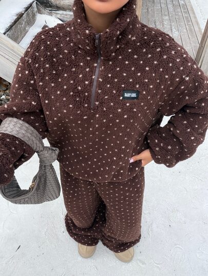 Muchica Brown Half-Zip Polka Dot Fleece Sweatshirt, Ski Season, Halloween, Suitable For Autumn/Winter Indoor Loungewear Fashion Sweatshirt, Appropriate For Outings And Gatherings, Parties, Graduation, Outings, Dates, Commuting, Valentine's Day, Elegant, Y2K