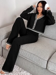 CovetEZ 女款 2 件式毛衣套裝，條紋飾邊設計外套搭配純色長褲，都市文藝街頭風休閒時尚創意個性街頭穿搭 - 黑色 - 查看 6
