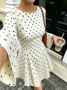 Cévolie Women's Round Neck Flared Sleeve High Waist Polka Dot Dress - Beige - View 3