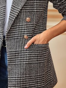 Écloséra Vintage Houndstooth Waist-Cinching Double-Breasted Gold Button Slim Fit Mid-Length Tweed Plaid Blazer Jacket For Women, Autumn/Winter, Elegant Commuter Style - Multicolor - View 3
