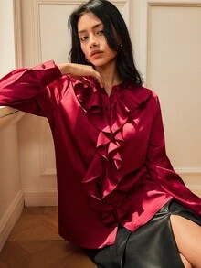 Écloséra Blus Lengan Panjang Elegan Berkerut Satin Warna Polos Gaya Eropa & Amerika Musim Semi/Panas Terbaru, Serbaguna untuk Aktivitas Komuter - Burgundy - View 1