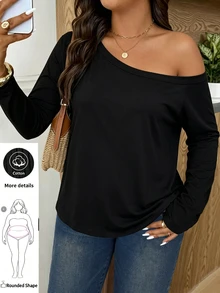 EMERY ROSE CURVE Plus Solid Asymmetrical Shoulder Long Sleeve Tee - Black - View 3