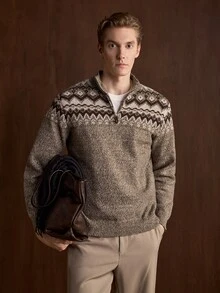 Manfinity CityGents 男士 Fair Isle 針織落肩長袖 1/4 拉鍊毛衣，適合日常中性穿著，老錢風秋季棕色，舒適適合日常外出 - 棕色 - 查看 1