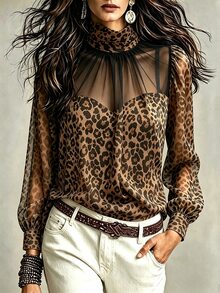 SHEIN Spring High Neck Leopard Print Loose Fit Commuter Fashion Versatile Business Office Blouse For Women - Black - View 3