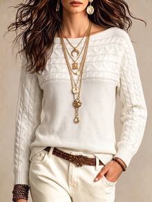 SHEIN LUNE Women's Soft Twisted Cable Long Sleeve Sweater For Vacation - White - View 1
