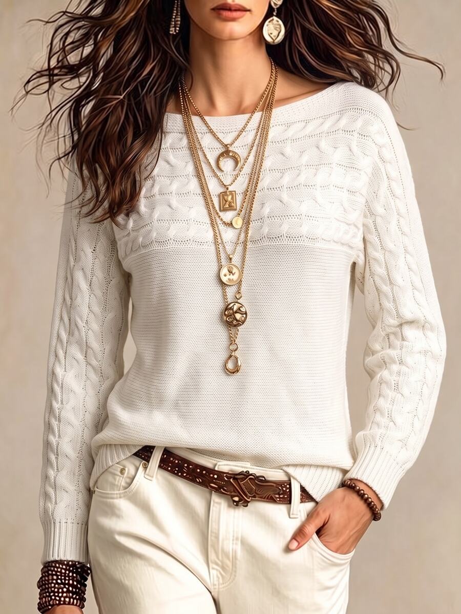 SHEIN LUNE Women's Soft Twisted Cable Long Sleeve Sweater For Vacation - White - View 1