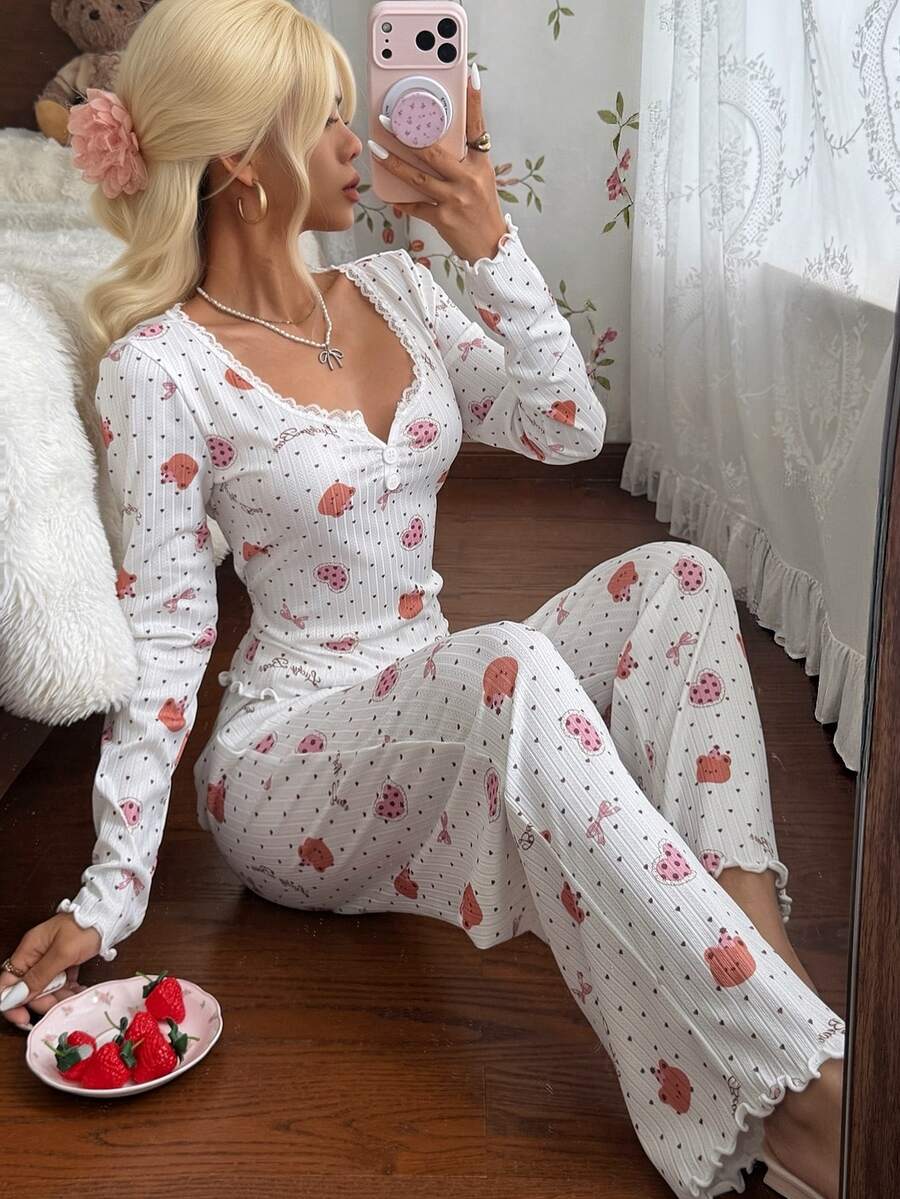 CottageSlumber Heart Bear All-Over Print Lace Trim Round Neck Long Sleeve Pants Pajama Set Lounge White And Pink Autumn Cute - White - View 1