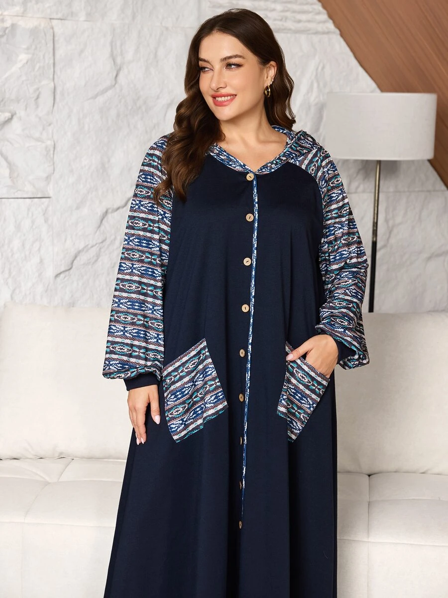 Lacomfia Random Floral Pattern Hooded Long Sleeve Loose Casual Daily Minimalist Pocket Long Plus Size Sweatshirt - Black - View 1
