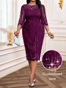 SHEIN Lady فستان أسود أنيق من الدانتيل للحفلات، مقاس كبير، مناسب للربيع والصيف والخريف والشتاء، فستان أسود صغير - أحمر بنفسجي - مشاهدة 1