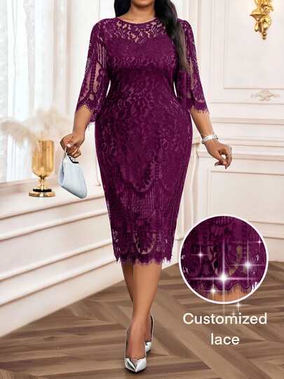SHEIN Lady فستان أسود أنيق من الدانتيل للحفلات، مقاس كبير، مناسب للربيع والصيف والخريف والشتاء، فستان أسود صغير