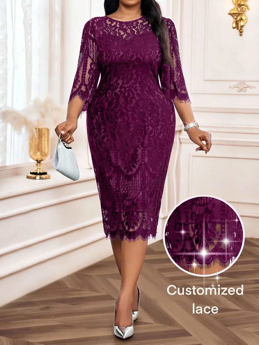 SHEIN Lady فستان أسود أنيق من الدانتيل للحفلات، مقاس كبير، مناسب للربيع والصيف والخريف والشتاء، فستان أسود صغير - أحمر بنفسجي - مشاهدة 1