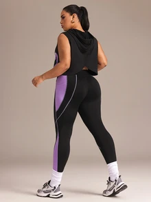 SHEIN Rhythm Era Women's Sports Yoga Outdoor Gym Workout Set Drawstring Hooded Sleeveless Loose Sweatshirt With Curved Chest Colorblock Design And Tight Leggings With Line And Colorblock Contrast - Multicolor - View 3