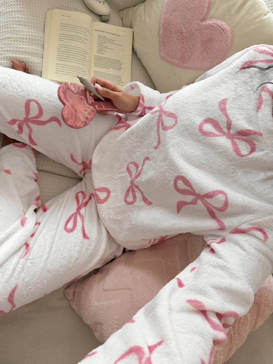 SweetSlumber Women's Ins Sweet Bow Flannel Long Sleeve Round Neck Pants Pajama Set - White - View 1