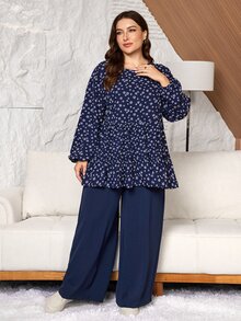 Lacomfia Random Floral Pattern Faux Embroidery Navy Blue Top With Straight Leg Pants Elastic Waist Plus Size 2 Pieces Set - Navy Blue - View 3