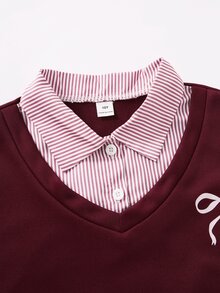 SHEIN 2件組 秋冬青少年女孩 Romweezy 寬鬆休閒正式風拼接撞色 2合1 V領短版衛衣＋寬腿褲套裝 酒紅色 - 酒紅色 - 查看 3
