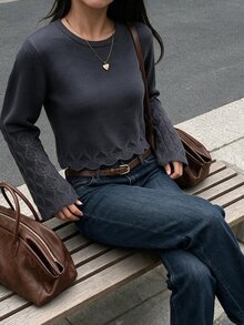 Autumina Charcoal Grey Round Neck Hollow Out Polar Fleece Women's Sweater - Dark Grey - View 7