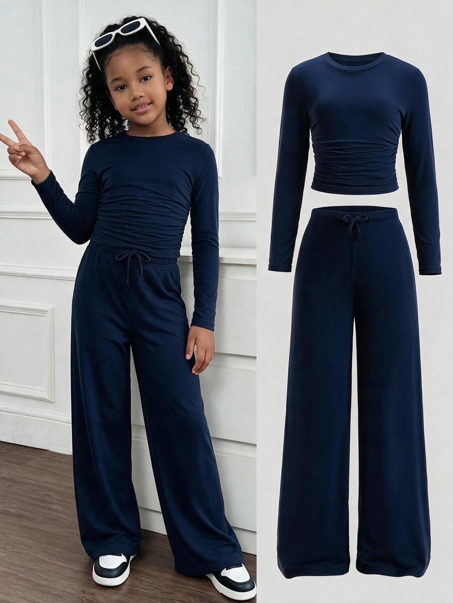 SHEIN Tween Girl Tween Girls T-Shirt Co-Ords Navy Blue Basic Minimalist Crew Neck Long Sleeve Pants 2 Pieces Set - Navy Blue - View 1