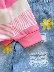 SHEIN Playful Pals 女嬰 T 恤套裝 2 件組 牛仔休閒套頭條紋印花長袖戶外穿搭套裝 卡其色與灰色配色 - 粉色 - 查看 7