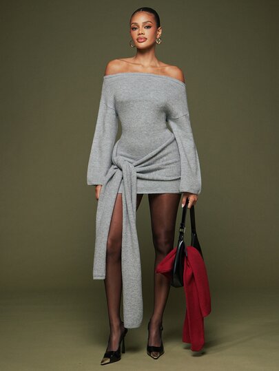Hauture Grey Off-Shoulder Flared Long Sleeve Knit Dress With Tie-Up Ruched Waist And Bodycon Mini Dress, Date Night Outfit