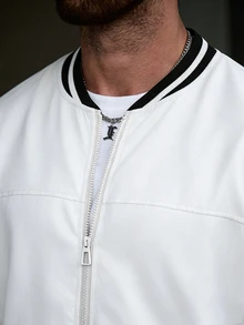 Manfinity CasualCool 男士拼接條紋棒球領短袖拉鍊上衣與長褲休閒套裝 - 白色 - 查看 5