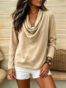 Holdful Holdful Solid Draped Collar Blouse - Khaki - View 6