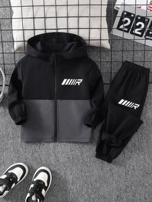 SHEIN 2件組男童青少年秋冬休閒拼接色連帽長袖開襟外套與鬆緊腰長褲套裝，男孩套裝 - 彩色 - 查看 3