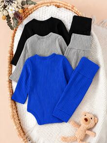 SHEIN 新生兒休閒嬰兒服裝套裝 中性連身衣 長袖輕便長褲 米色卡其印花套裝 女嬰新生兒搭配套裝 - 彩色 - 查看 2